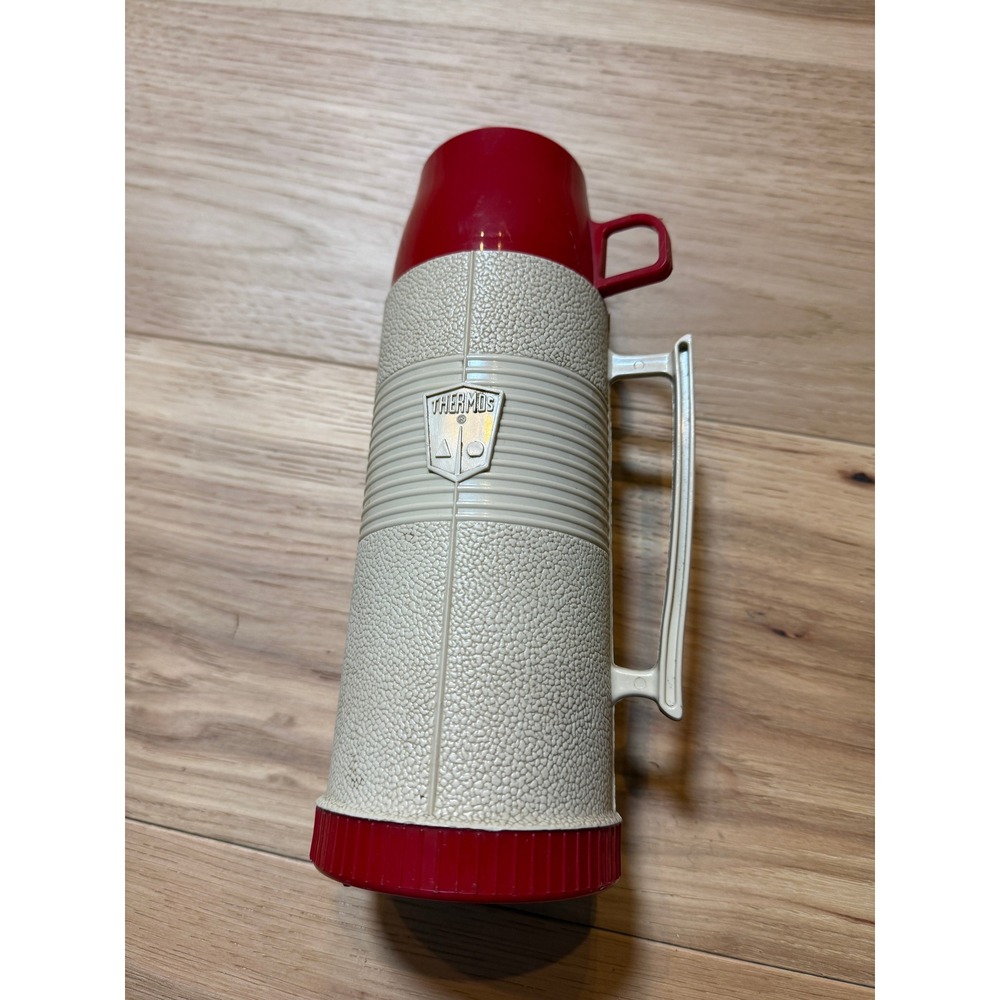 Thermos Vacuum Bottle Unisex 1 Pint Red Tan Vintage 1970s King Seeley 2202